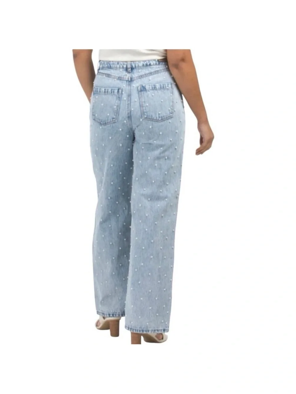 Blank NYC Light Blue Pearl-Studded Wide Leg Jeans